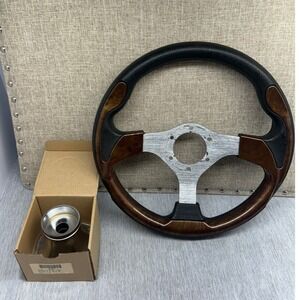 Custom 3-Spoke Steering Wheel Wood Grain Black Grip with Chrome 5/6 Hole Adapter